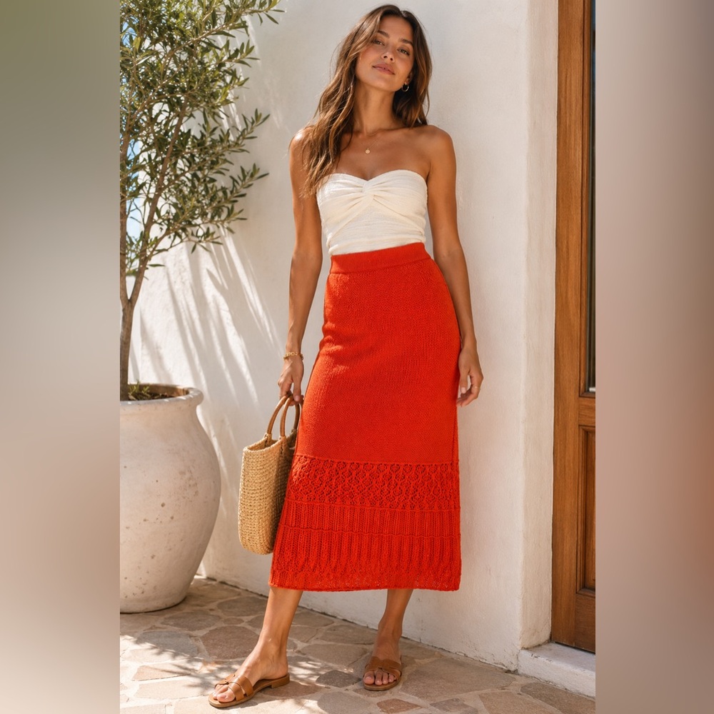 Madewell Orange Knit Midi Skirt with Textured Hem